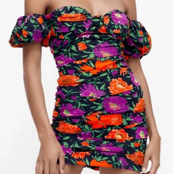 Zara Bloggers Favorite Floral Print Off The Shoulder Puff Sleeve Mini Dress S - Picture 4 of 16